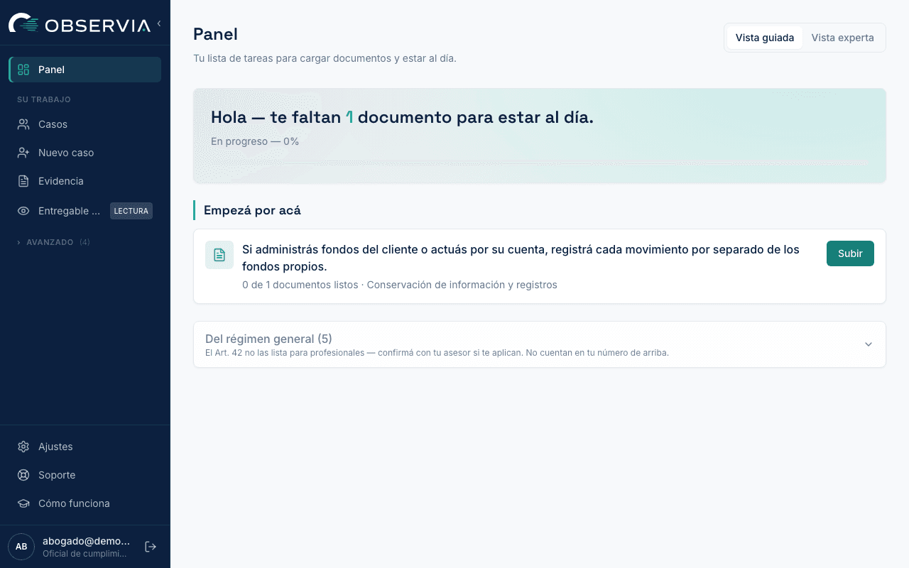 Panel guiado de la cuenta demo profesional, con las obligaciones del Artículo 42