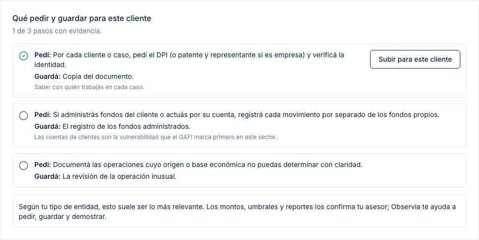 Expediente demo con la lista de documentos que se pidieron y los que faltan