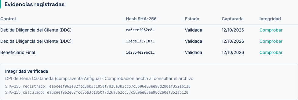 Comprobación real de integridad de un documento demo con sus huellas SHA-256 registradas y calculadas