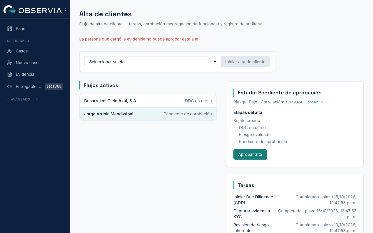Intento de autoaprobación bloqueado por segregación de funciones en una cuenta demo