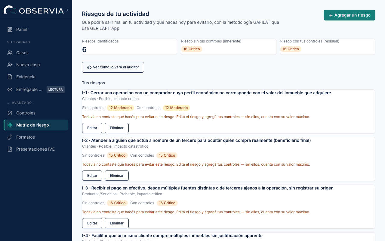 Matriz institucional demo con riesgos de clientes y productos, valoración inherente y residual
