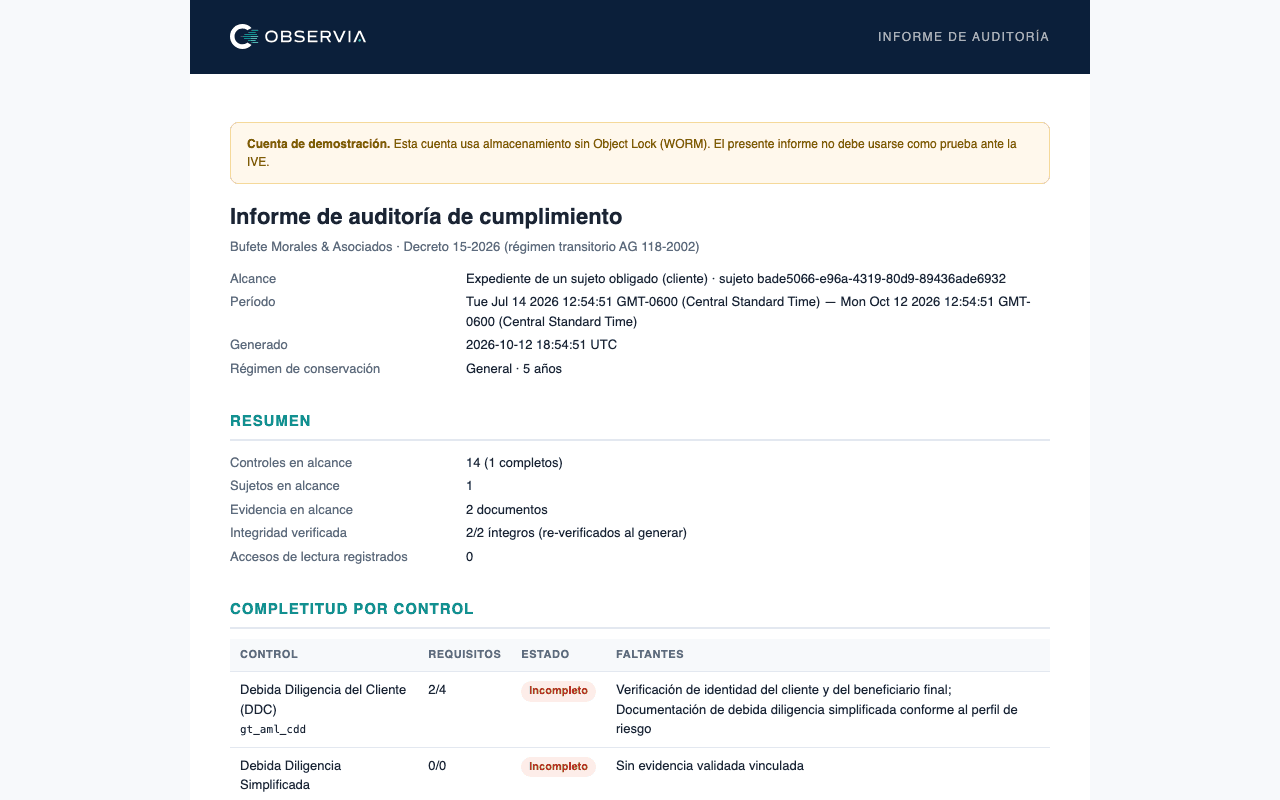 Informe abierto del paquete de auditoría demo con índice, alcance e integridad verificada