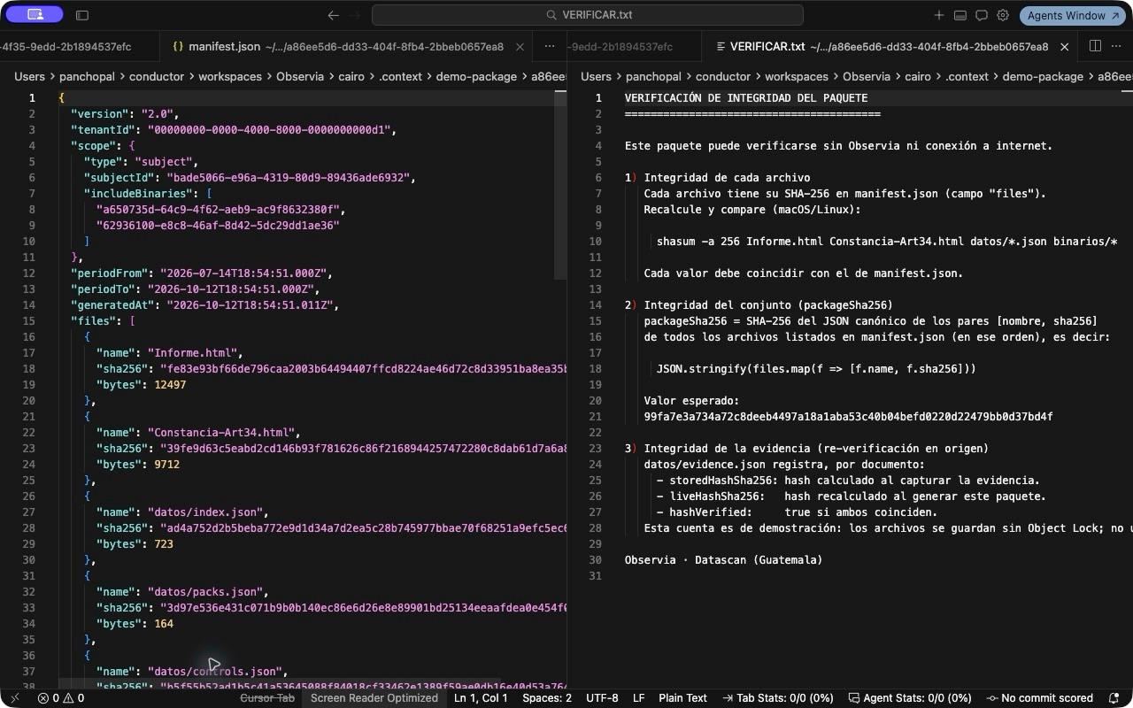 Manifiesto e instrucciones de verificación del paquete demo abiertos lado a lado en un editor externo